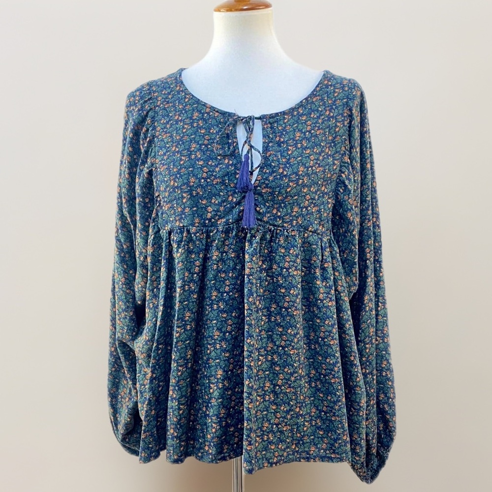 Denim & Supply Ralph Lauren Green Floral Tassel Blouse